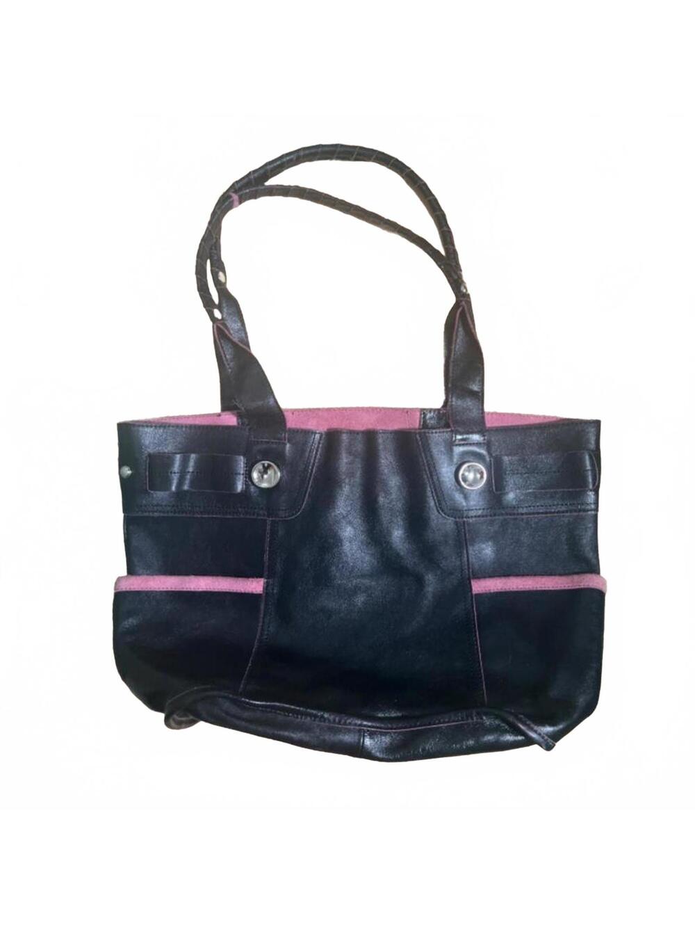 B. Makowsky Burbank Black Patent Leather LArge Handbag with Pink Suede Trim